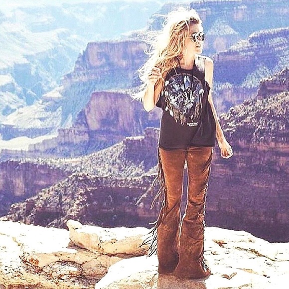 LONG LENGTH Hip Hugger Fringe Bell Bottoms in GOLDEN BROWN TIE DYE - XS S M L XL - Picture 7 of 14